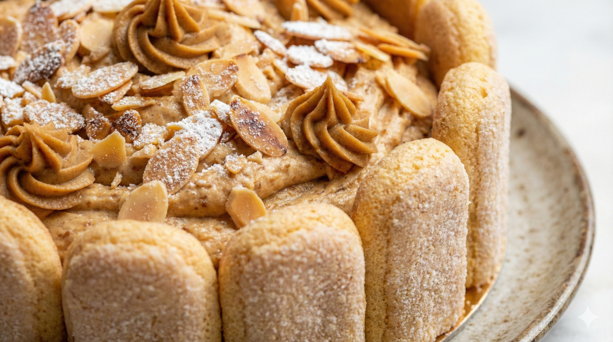 Gros plan sur une charlotte pralinée façon Paris-Brest, entourée de biscuits à la cuillère et garnie d'une crème mousseline au praliné, d'amandes effilées grillées et de sucre glace sur une assiette en céramique.
