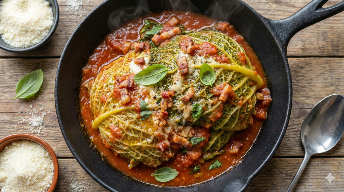 Vue aérienne d'un plat de chou frisé farci façon italienne, servi fumant dans une poêle en fonte noire sur une table en bois rustique. Les feuilles de chou sont nappées d'une sauce tomate riche, de fromage fondu, de morceaux de lardons croustillants et de feuilles de basilic frais. Des bols de parmesan râpé et une cuillère de service sont posés à côté.
