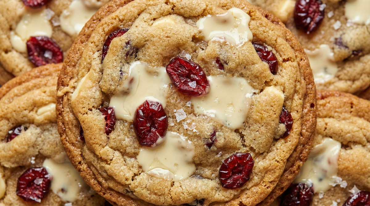 cookies épais aux pépites de chocolat blanc fondu et aux cranberries rouges sont empilés et coupés en deux sur une planche à découper en bois. Des cranberries séchées et des pépites de chocolat blanc sont éparpillées autour de la pile. Un verre de lait est flou en arrière-plan devant une fenêtre. La lumière est naturelle.