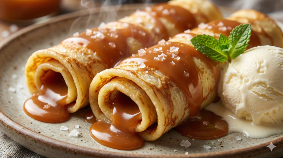 Crêpes roulées au caramel au beurre salé, une douceur irrésistible