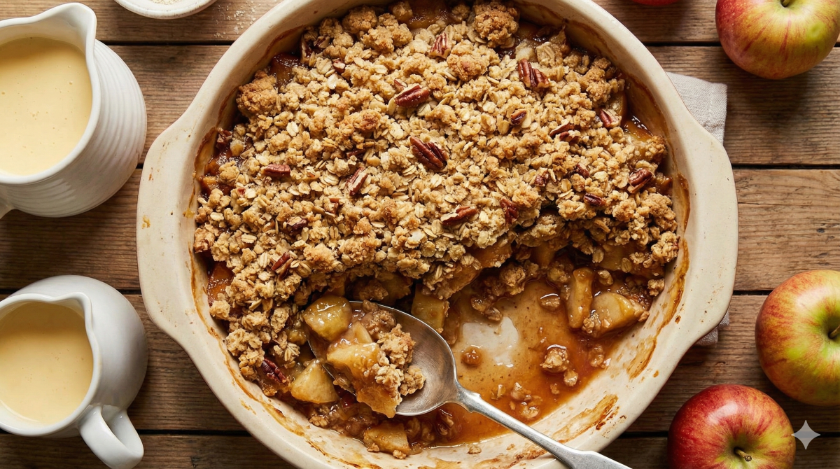 Photographie en vue de dessus d'un crumble aux pommes doré dans un plat en céramique rond, avec une cuillère qui en sert une portion, révélant les pommes cuites en dessous. La garniture est composée de flocons d'avoine et de noix de pécan. Deux pichets de crème anglaise et des pommes fraîches sont disposés autour du plat sur une table en bois rustique.