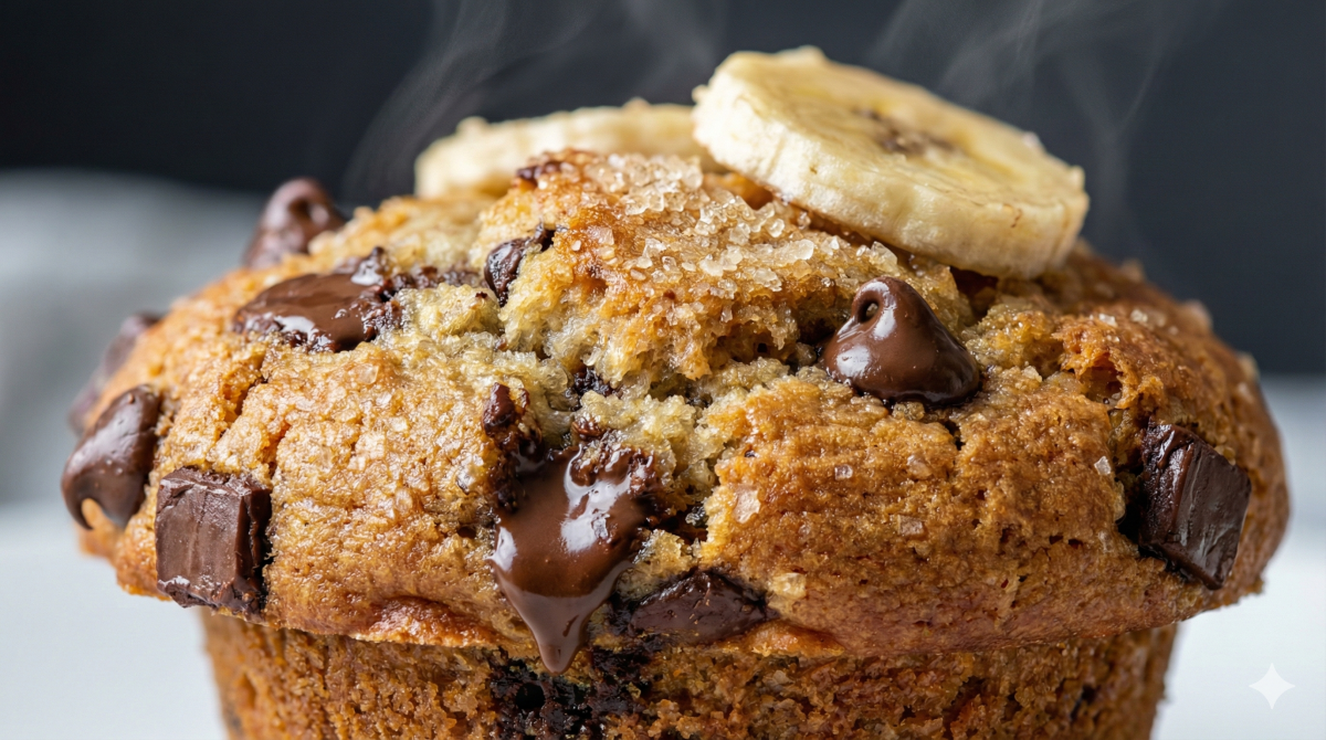 Photographie en plan rapproché d'un muffin aux bananes et pépites de chocolat coupé en deux, posé sur une planche à découper en bois. De la vapeur s'échappe des deux moitiés, révélant une mie moelleuse constellée de pépites de chocolat fondues. En arrière-plan flouté, on distingue des bananes fraîches, un bol de pépites de chocolat et de la farine sur une table rustique devant une fenêtre.