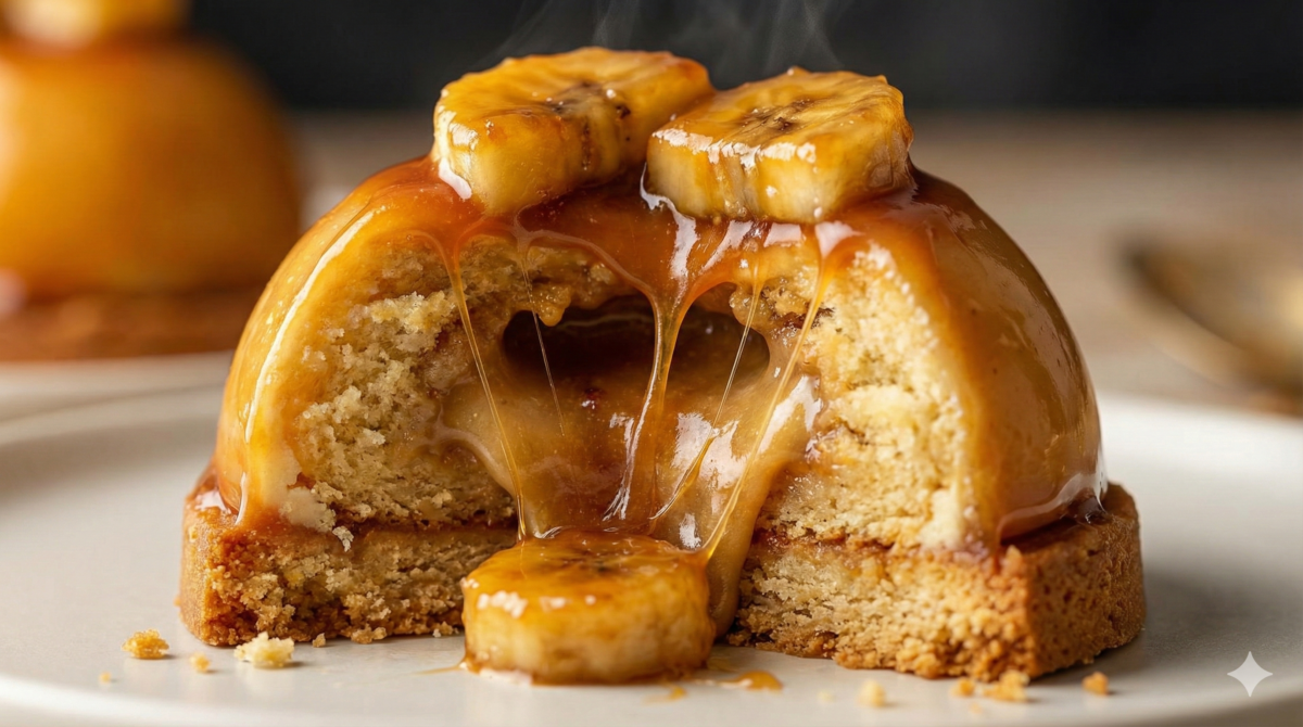 Dôme banane-caramel fondant sur biscuit, le dessert réconfortant de février