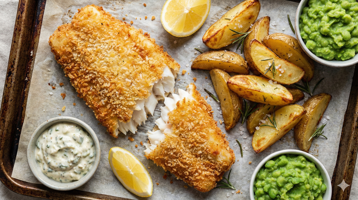 Vue du dessus d'un repas complet de Fish and Chips présenté sur une plaque de cuisson rustique chemisée de papier sulfurisé. Un grand filet de poisson à la panure dorée et très croustillante est coupé en deux, révélant une chair blanche et floconneuse. Il est entouré de quartiers de pommes de terre rôties au romarin et gros sel, de deux bols de purée de pois verts ("mushy peas"), d'un bol de sauce tartare crémeuse et de moitiés de citron jaune.