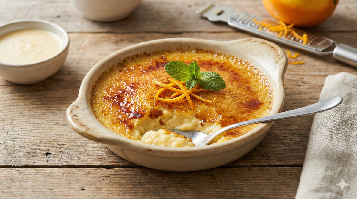 Gros plan sur un dessert de Floraline préparé comme une crème brûlée à l'orange, servi dans un plat à oreilles en céramique sur une table en bois. Une petite cuillère a cassé la croûte de sucre caramélisé dorée, révélant la texture crémeuse et légèrement granuleuse de la semoule à l'intérieur. Le dessus est décoré de zestes d'orange et d'un brin de menthe fraîche. En arrière-plan, on aperçoit une orange, un zesteur et un petit bol de semoule crue.