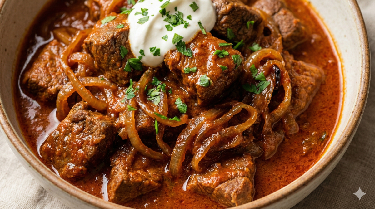 Goulash de bœuf aux oignons caramélisés, le plat mijoté ultra réconfortant qu’on adore en hiver