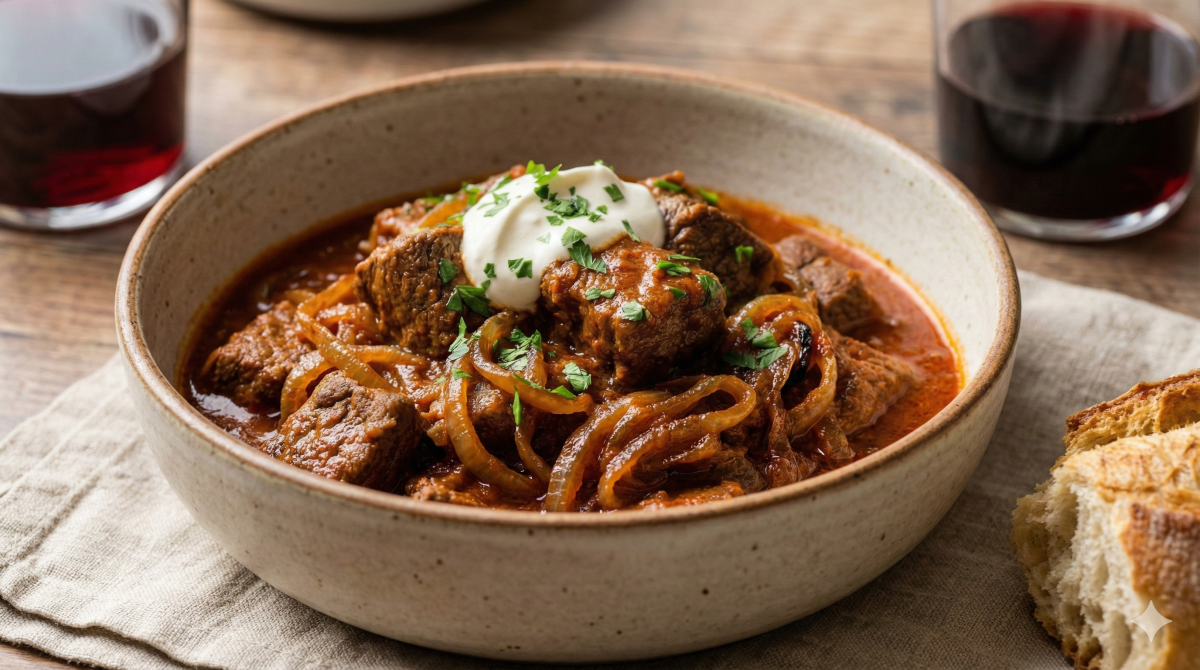 Bol en céramique rustique contenant un goulash de bœuf riche, avec de gros morceaux de viande et des oignons, garni d'une cuillerée de crème fraîche et de persil. Le bol est posé sur une serviette en lin avec du pain et des verres de vin rouge en arrière-plan.