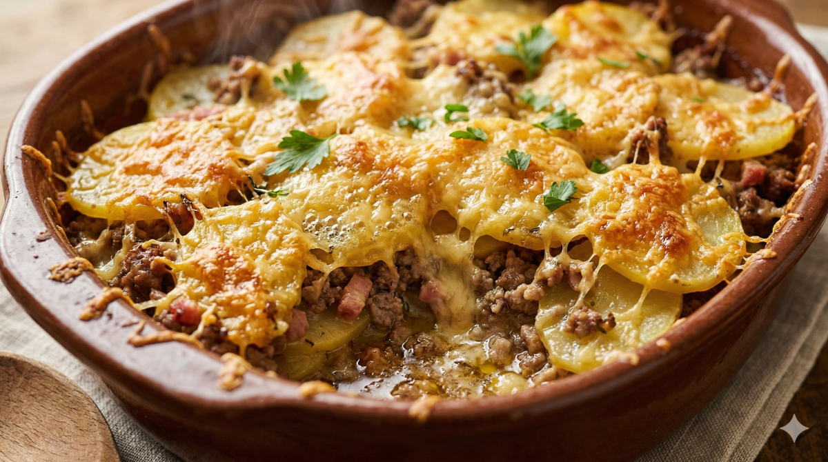 Gratin campagnard à la viande et pommes de terre fondantes, gratiné au fromage : pur réconfort