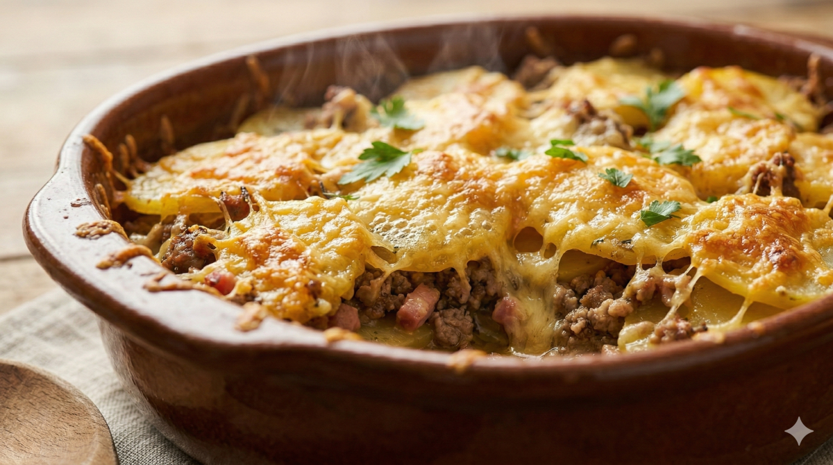 Gros plan photoréaliste d'une cocotte en céramique rustique marron remplie d'un gratin doré et fumant, posée sur une nappe en lin gris et une table en bois. Le gratin est composé de couches de fines tranches de pommes de terre, recouvertes d'une épaisse couche de fromage fondant et légèrement caramélisé. Sous le fromage, on aperçoit une farce généreuse de viande hachée assaisonnée, mêlée à des lardons et des herbes. De petits bouquets de persil frais sont parsemés sur le dessus pour la décoration, et de la vapeur s'échappe de la surface, indiquant que le plat vient de sortir du four. Le manche d'une cuillère en bois est visible dans le coin inférieur gauche.
