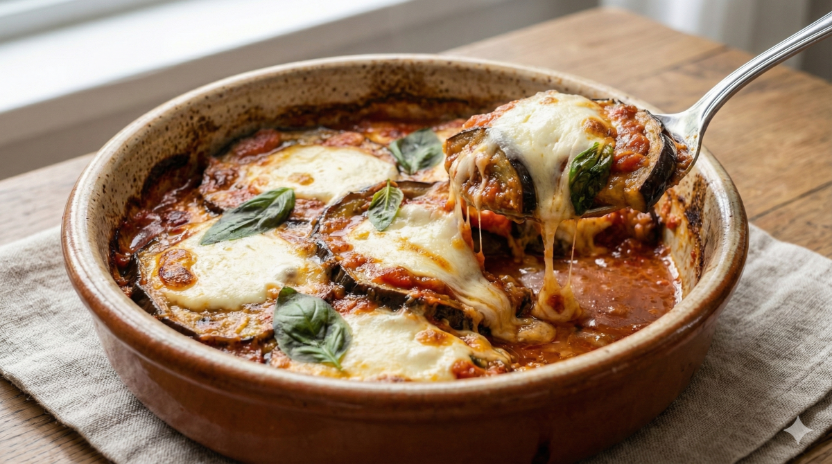 Une cuillère de service soulève une portion généreuse d'un gratin d'aubergines à la tomate et mozzarella dans un plat rustique en terre cuite, montrant le fromage fondu qui s'étire. Le plat est garni de feuilles de basilic frais et posé sur une table en bois.