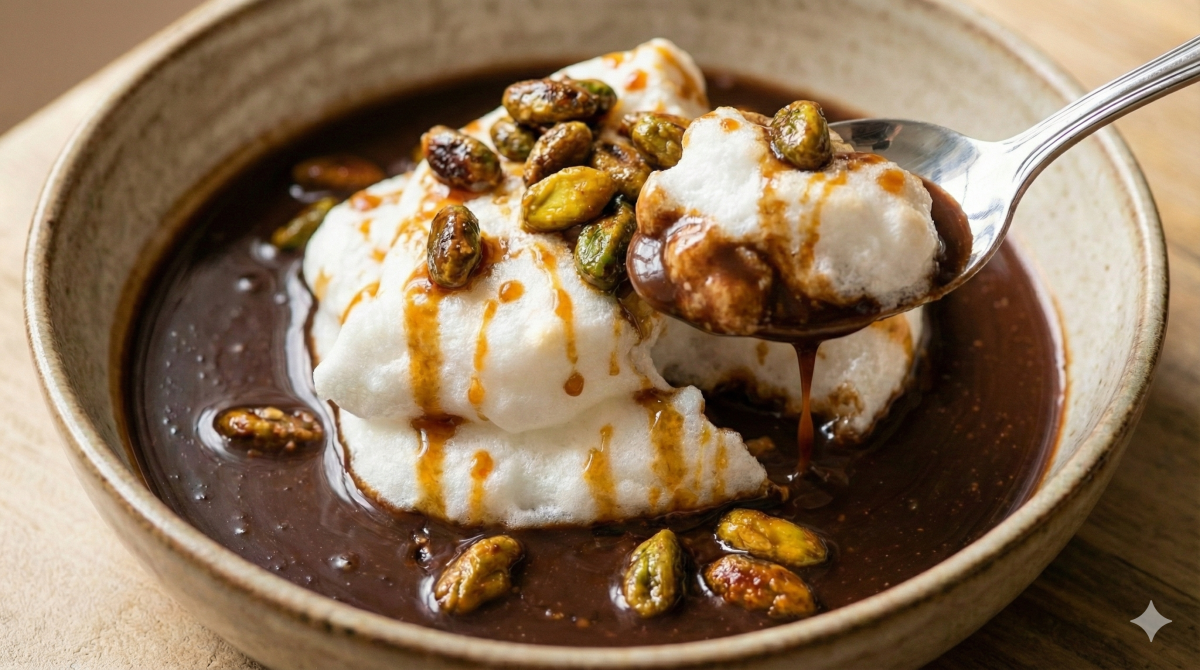 Gros plan sur un bol rustique contenant une île flottante revisitée. Une meringue blanche et légère flotte sur une sauce au chocolat noir onctueuse, généreusement garnie de pistaches entières caramélisées et d'un filet de caramel doré. Une cuillère en argent soulève une bouchée du dessert, montrant la texture de la meringue et la sauce qui s'en écoule.