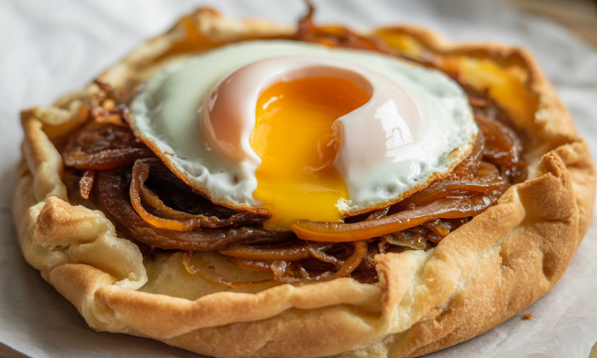 découvrez la galette bretonne parfaite, croustillante et garnie d'oignons confits savoureux avec un jaune d'œuf coulant irrésistible. un délice à ne pas manquer !