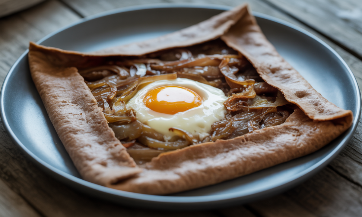 découvrez une galette bretonne croustillante garnie d'oignons confits et surmontée d'un jaune d'œuf coulant, une recette irrésistible à savourer sans attendre.