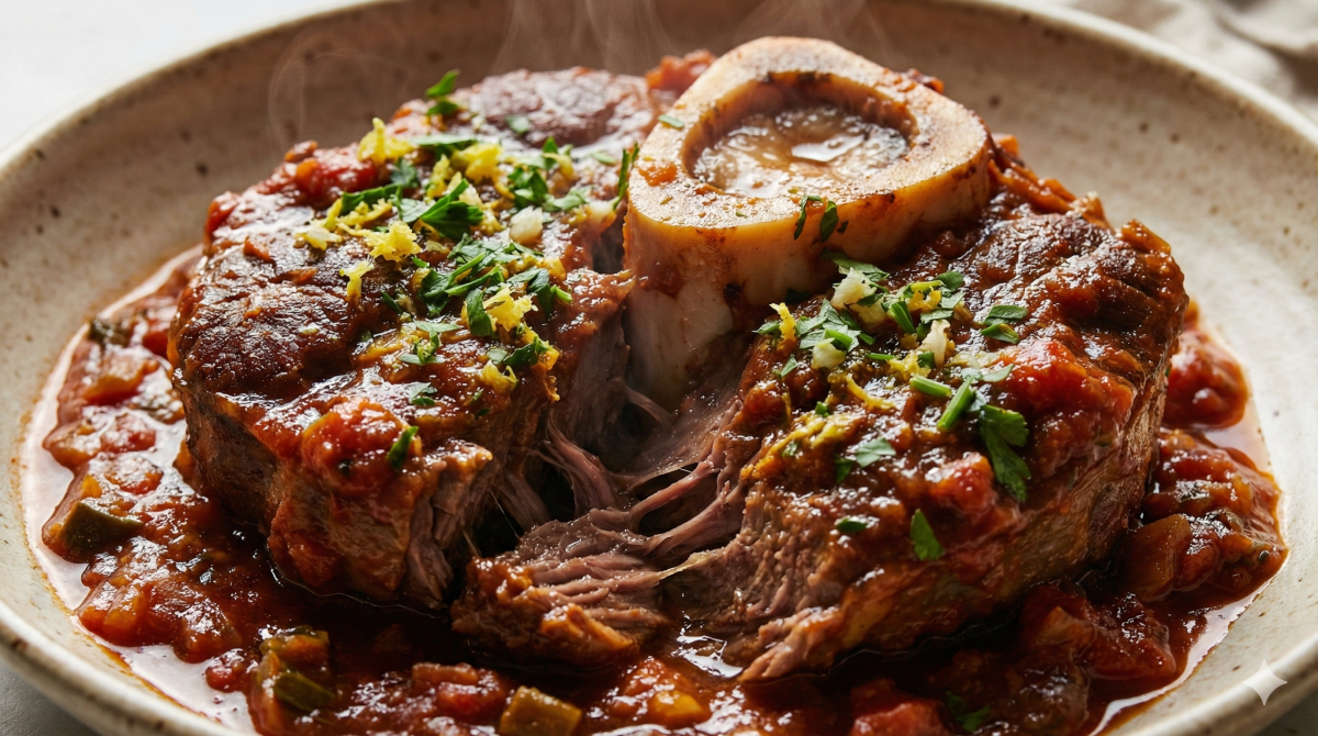 Gros plan sur un jarret de bœuf à l'italienne (Osso Bucco) fumant, servi dans un bol en céramique rustique. La viande, très tendre, se détache de l'os central à moelle, nappée d'une sauce épaisse à la tomate et aux petits légumes, et saupoudrée d'une gremolata fraîche (persil et zeste de citron).
