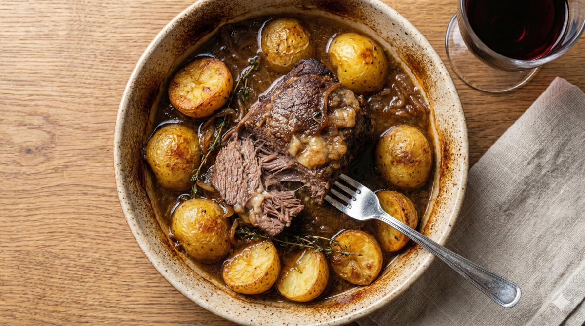 Vue aérienne d'un plat mijoté servi dans un bol en céramique rustique, composé d'un morceau de poitrine de bœuf braisée tendre qu'une fourchette effiloche, entouré de petites pommes de terre rôties entières, d'oignons caramélisés et d'une sauce riche avec des branches de thym. Le bol est posé sur une table en bois à côté d'un verre de vin rouge et d'une serviette en lin.