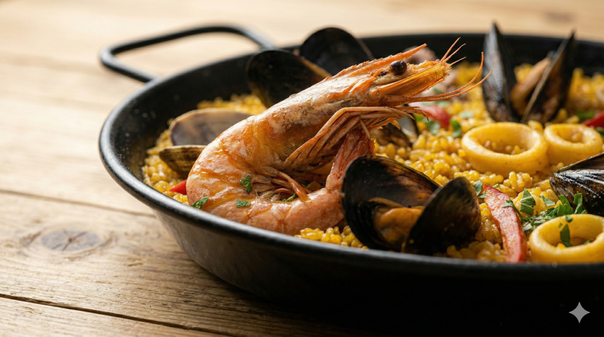 Une photographie rapprochée à angle bas d'une poêle à paella traditionnelle noire remplie de riz au safran doré vibrant. Le plat est généreusement garni d'une grande crevette centrale, de nombreuses moules, de palourdes, d'anneaux de calmar, d'herbes vertes fraîches et de lamelles de poivron rouge. Ce point de vue, présentant une perspective différente sous une lumière naturelle chaude, met l'accent sur les textures et l'abondance des fruits de mer et du riz.