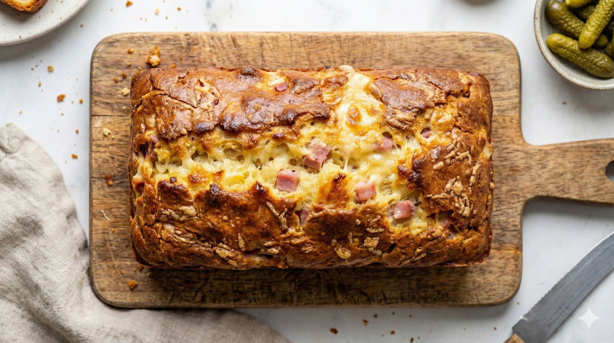 Vue aérienne d'un cake salé entier, cuit et bien doré, laissant apparaître des morceaux de jambon rose et du fromage gruyère fondu sur la croûte. Le cake est posé sur une planche à découper en bois rustique entourée de miettes, accompagné d'un couteau à pain, d'une serviette en lin et d'un petit bol de cornichons.