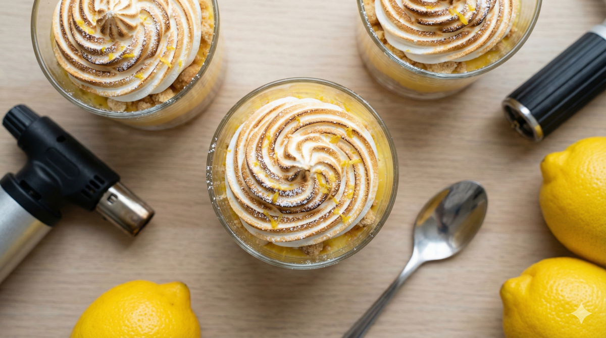 Photographie en plongée montrant trois verrines en verre remplies de dessert au citron meringué, avec une meringue dorée au chalumeau en forme de spirale, saupoudrée de zeste et de sucre glace. Les verrines sont disposées sur une surface en bois clair, entourées d'un chalumeau de cuisine, d'une cuillère et de citrons jaunes frais.