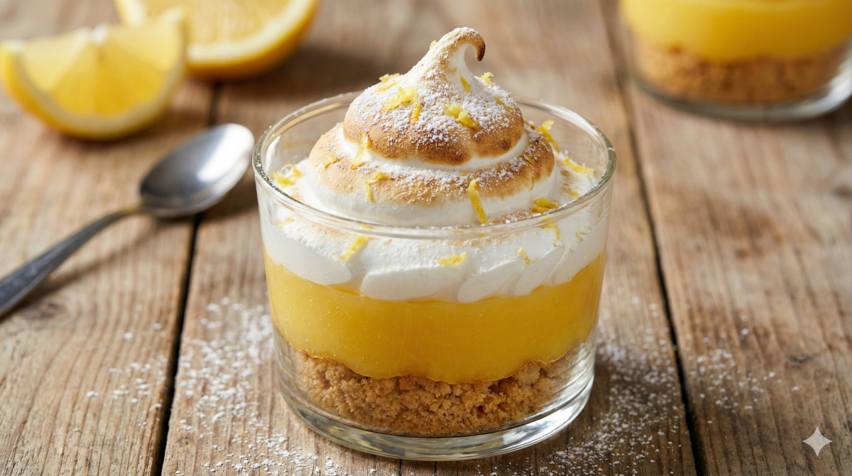 Photographie en plan rapproché d'une verrine en verre contenant un dessert façon tarte au citron meringuée. On distingue clairement trois couches : une base de biscuits émiettés, une crème au citron jaune vif au centre, et une meringue italienne dorée au chalumeau sur le dessus, saupoudrée de sucre glace et de zestes de citron. Une cuillère et des quartiers de citron sont floutés en arrière-plan sur une table en bois rustique.