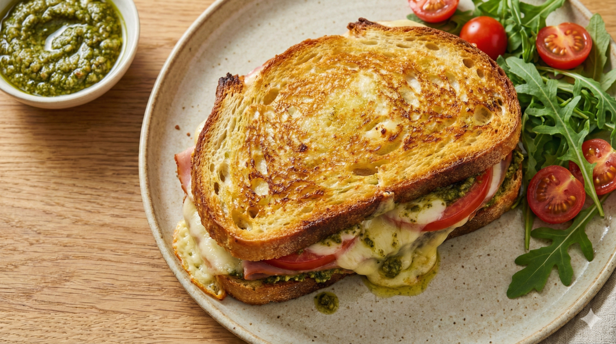 Vue de dessus d'un croque-monsieur au pain doré et croustillant posé sur une assiette en céramique beige. On distingue les couches de pesto vert, de jambon, de tomates rouges et de mozzarella fondante qui déborde du sandwich. Le plat est accompagné d'une salade de roquette aux tomates cerises et d'un petit ramequin de pesto.