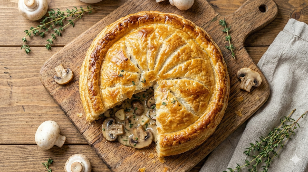 Vue en plongée d'une tourte feuilletée dorée et décorée, posée sur une planche à découper en bois rustique. Une part a été découpée, révélant une garniture riche et crémeuse aux champignons de Paris. Des champignons crus entiers, des branches de thym frais et un torchon en lin beige entourent la planche sur une table en bois.