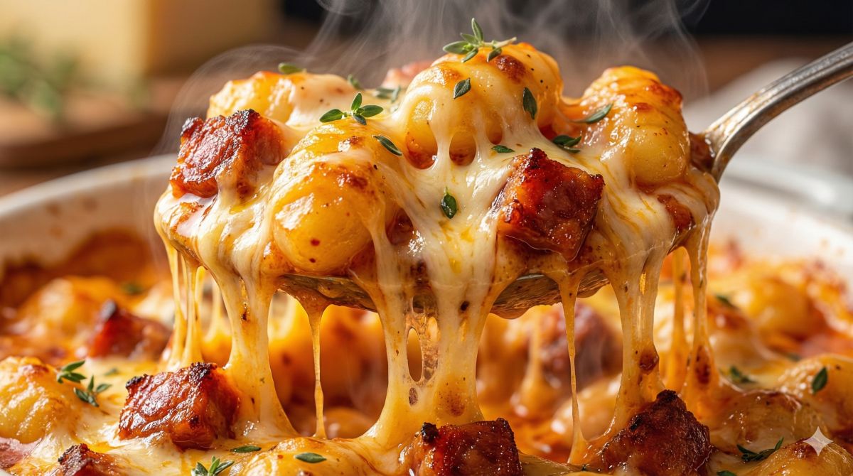 Gros plan sur une cuillère soulevant une portion généreuse de gratin de gnocchis au chorizo, montrant le fromage fondu qui s'étire en fils, des morceaux de chorizo grillé, des gnocchis dorés et de la vapeur chaude s'échappant du plat de cuisson.