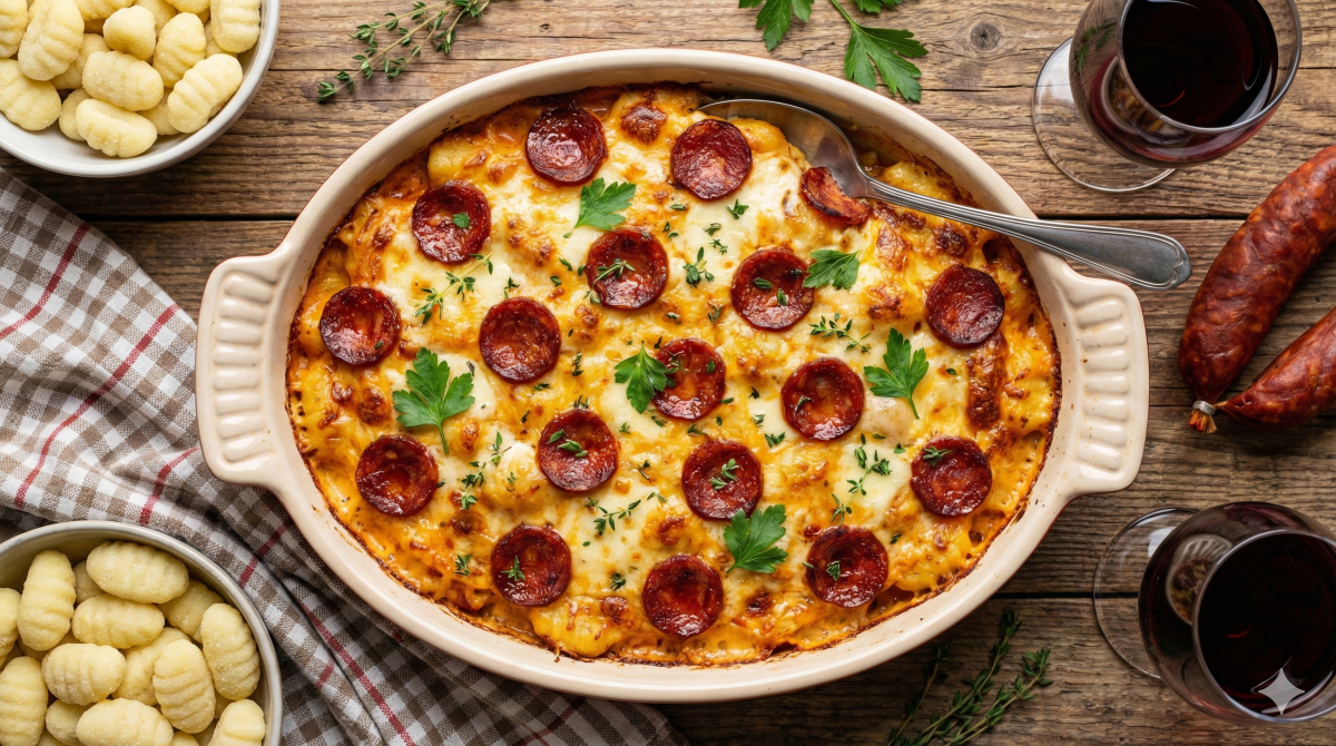 Photographie en plongée d'un grand plat à gratin en céramique rempli de gnocchis dorés au four, mélangés à du fromage fondu et garnis de nombreuses rondelles de chorizo grillé et d'herbes fraîches. Le plat est posé sur une table en bois rustique, entouré d'une cuillère de service, de bols de gnocchis crus, de chorizos entiers, de verres de vin rouge et d'un torchon à carreaux.