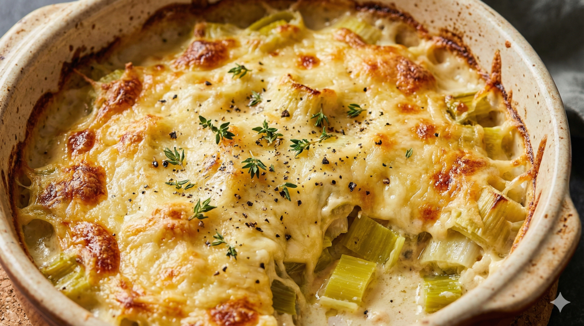 Photographie en plan rapproché montrant une spatule soulevant une large part carrée de gratin de poireaux chaud hors d'un plat en céramique rustique. Une épaisse couche de fromage emmental fondu et doré s'étire longuement entre la part et le plat. De la vapeur s'échappe du gratin, révélant l'intérieur crémeux et les poireaux. Le reste du plat est posé sur une table en bois, avec un verre de vin blanc flouté en arrière-plan.