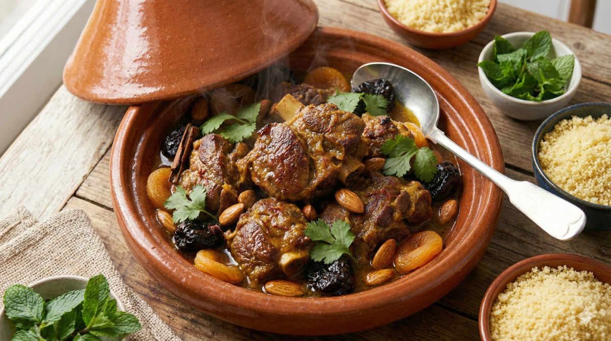 Photographie en plongée d'un tajine d'agneau fumant servi dans un plat traditionnel en terre cuite ouvert, posé sur une table en bois rustique. Le ragoût contient des morceaux d'agneau, des pruneaux, des abricots secs, des amandes entières et est garni de coriandre fraîche. Une grande cuillère de service est plongée dans le plat. Le couvercle conique du tajine repose à côté. Des bols de semoule de couscous et de menthe fraîche sont disposés autour. La lumière naturelle provient d'une fenêtre sur la gauche.