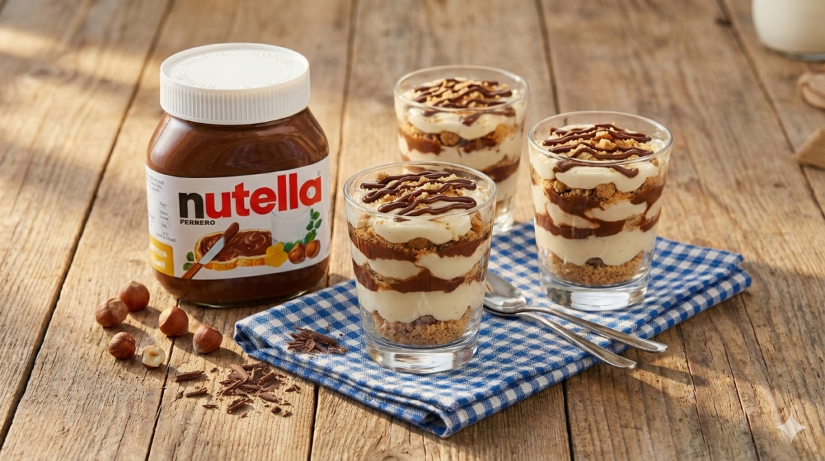 Photographie culinaire rustique montrant un grand pot de Nutella à côté de trois verrines de dessert stratifié alternant crème onctueuse, pâte à tartiner, biscuits émiettés et filet de chocolat. Des cuillères reposent sur une serviette à carreaux bleus sur une table en bois parsemée de noisettes entières et de copeaux de chocolat.