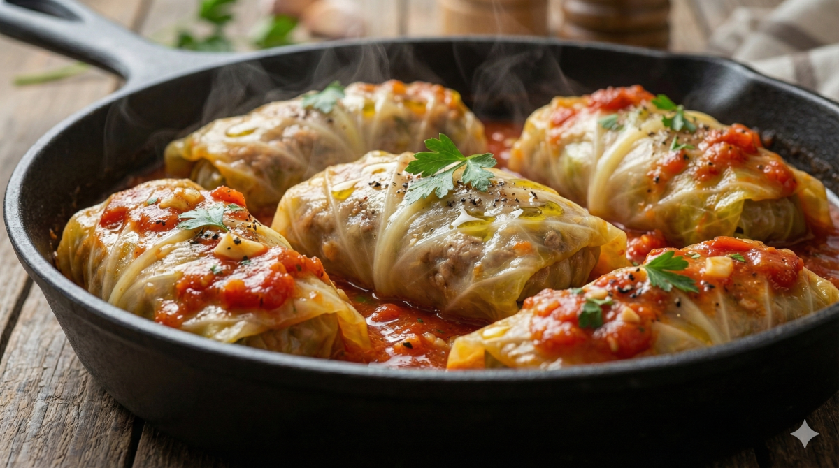 Gros plan sur une poêle en fonte noire remplie de choux farcis mijotant dans une sauce tomate, avec de la vapeur s'échappant et du persil frais, posée sur une table en bois rustique.