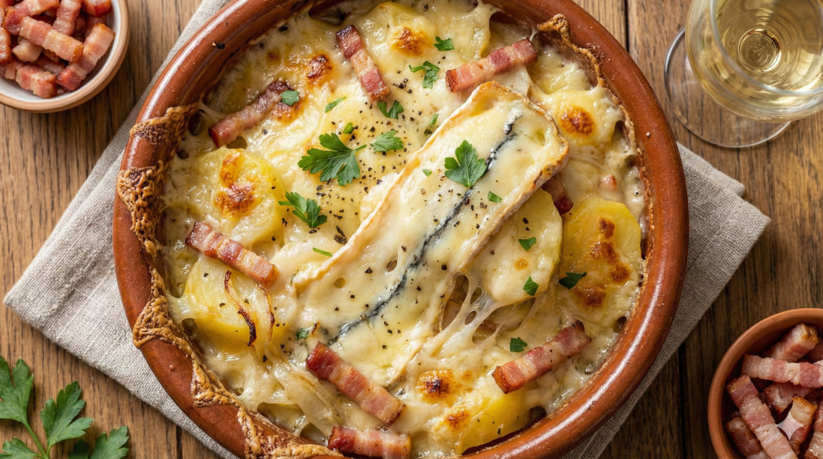 Vue aérienne d'un plat de Morbiflette gratiné dans un caquelon en terre cuite rustique. Une épaisse couche de Morbier fondu, reconnaissable à sa ligne de cendre, recouvre des pommes de terre, des lardons dorés et des oignons. Le plat est parsemé de persil frais et posé sur une table en bois avec un verre de vin blanc et un bol de lardons crus à côté.