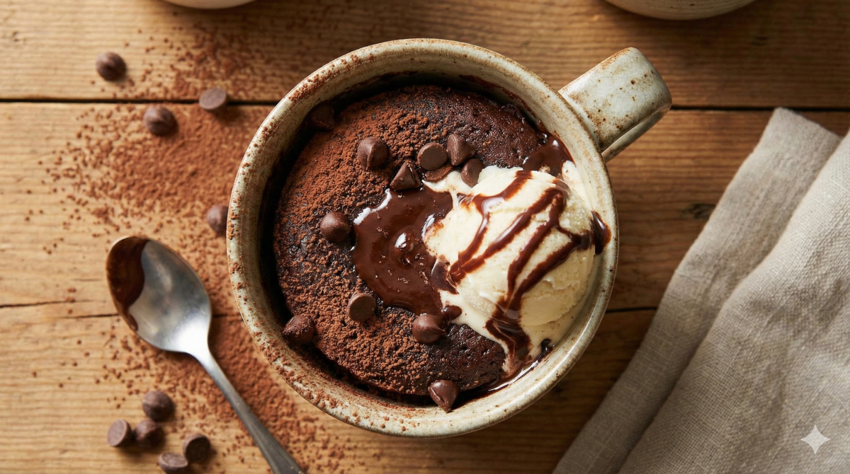 Photographie en prise de vue zénithale (vue du dessus) d'un mug cake au chocolat servi dans une tasse en céramique rustique. Le gâteau est garni d'une boule de glace à la vanille, d'un filet de sauce au chocolat, de pépites de chocolat et saupoudré de cacao en poudre. La tasse repose sur une table en bois, entourée de cacao éparpillé, d'une cuillère et d'une serviette en lin beige.