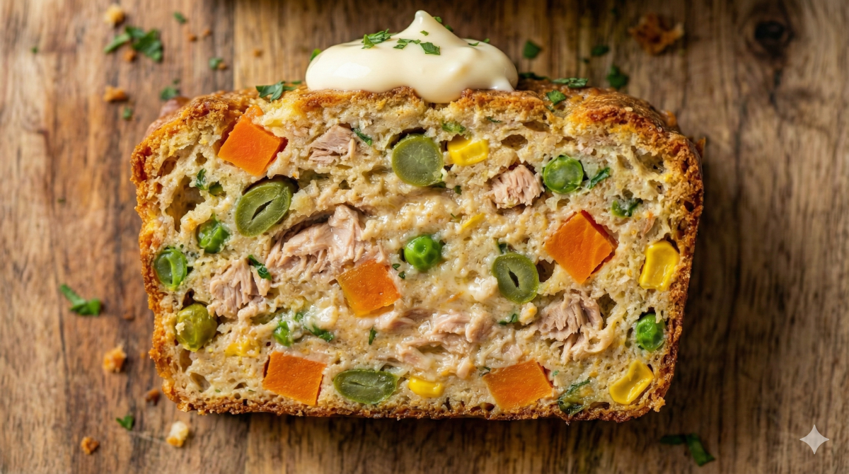 Gros plan sur une tranche épaisse et moelleuse de pain de thon, laissant apparaître une garniture généreuse de thon émietté et de macédoine de légumes colorés (carottes, petits pois, maïs, haricots verts). Le dessus de la croûte dorée est garni d'une noisette de mayonnaise et d'herbes fraîches. La tranche repose sur une planche à découper en bois rustique parsemée de miettes.