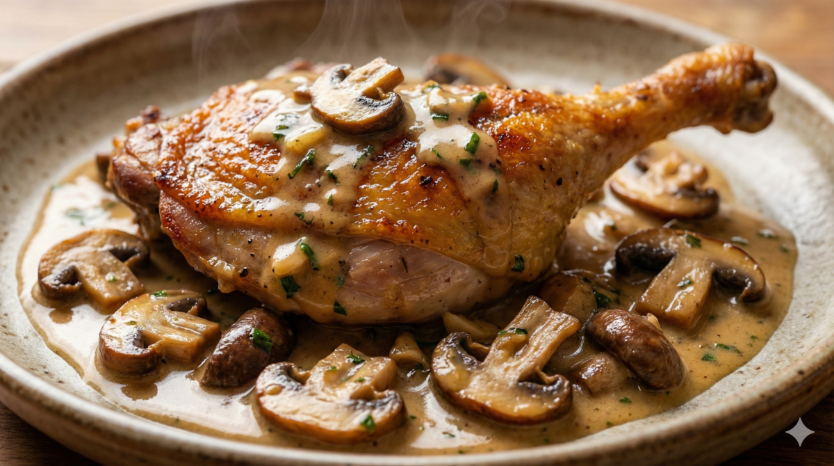 Pintade fondante aux cèpes et crème, un plat chaleureux pour l’hiver