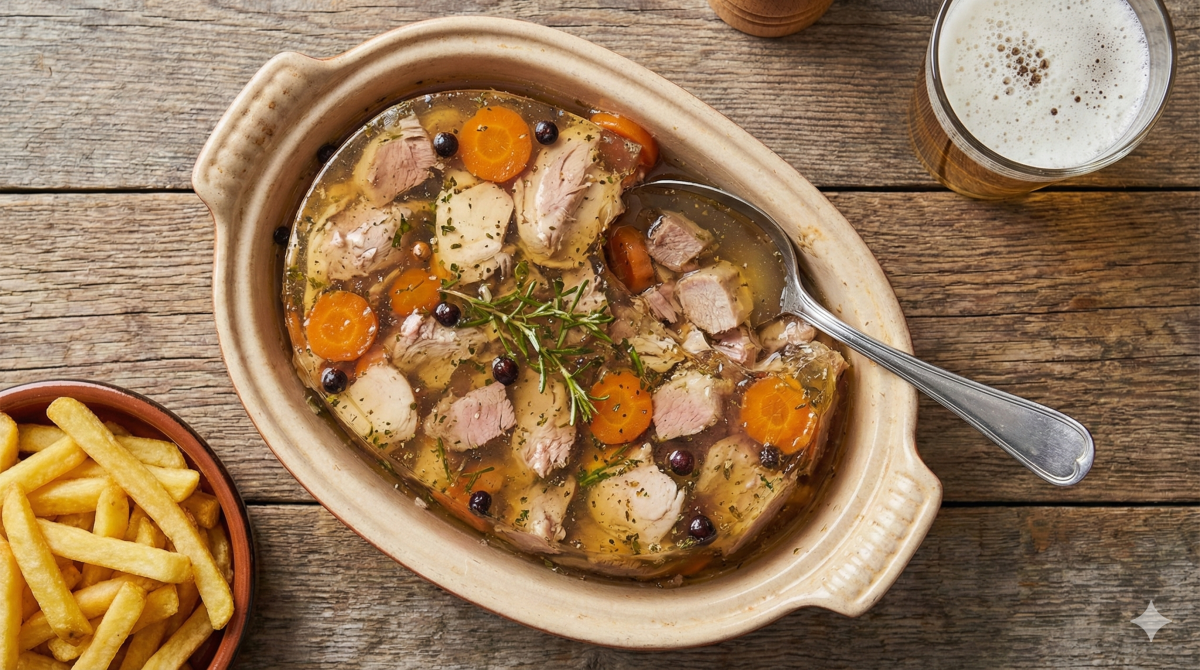 Vue du dessus d'un plat ovale en terre cuite rempli de Potjevleesch traditionnel. On distingue des morceaux de viandes blanches (poule, lapin, porc, veau), des rondelles de carottes, des baies de genièvre et des herbes fraîches pris dans une gelée ambrée transparente. Une cuillère de service est plongée dans le plat. Sur la table en bois rustique, un bol de frites dorées et un verre de bière mousseuse accompagnent la terrine.