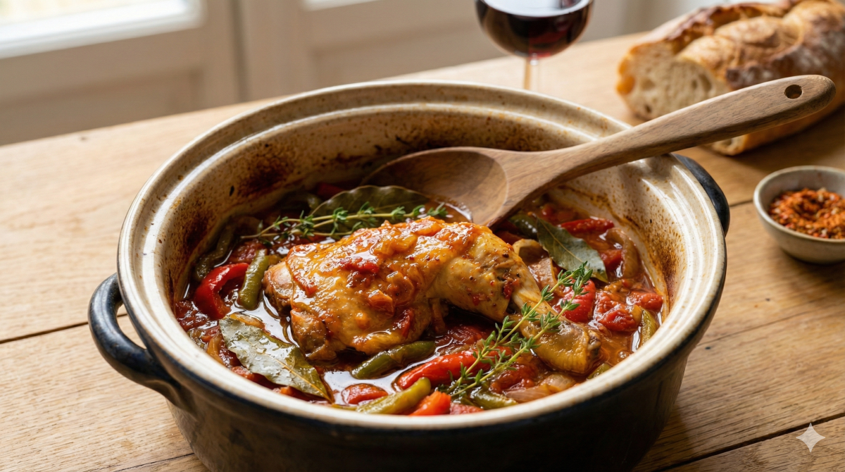 Cocotte en céramique remplie de poulet basquaise mijoté avec des poivrons et des tomates, posée sur une table en bois avec une cuillère de service, un verre de vin rouge, du pain et des épices en arrière-plan.