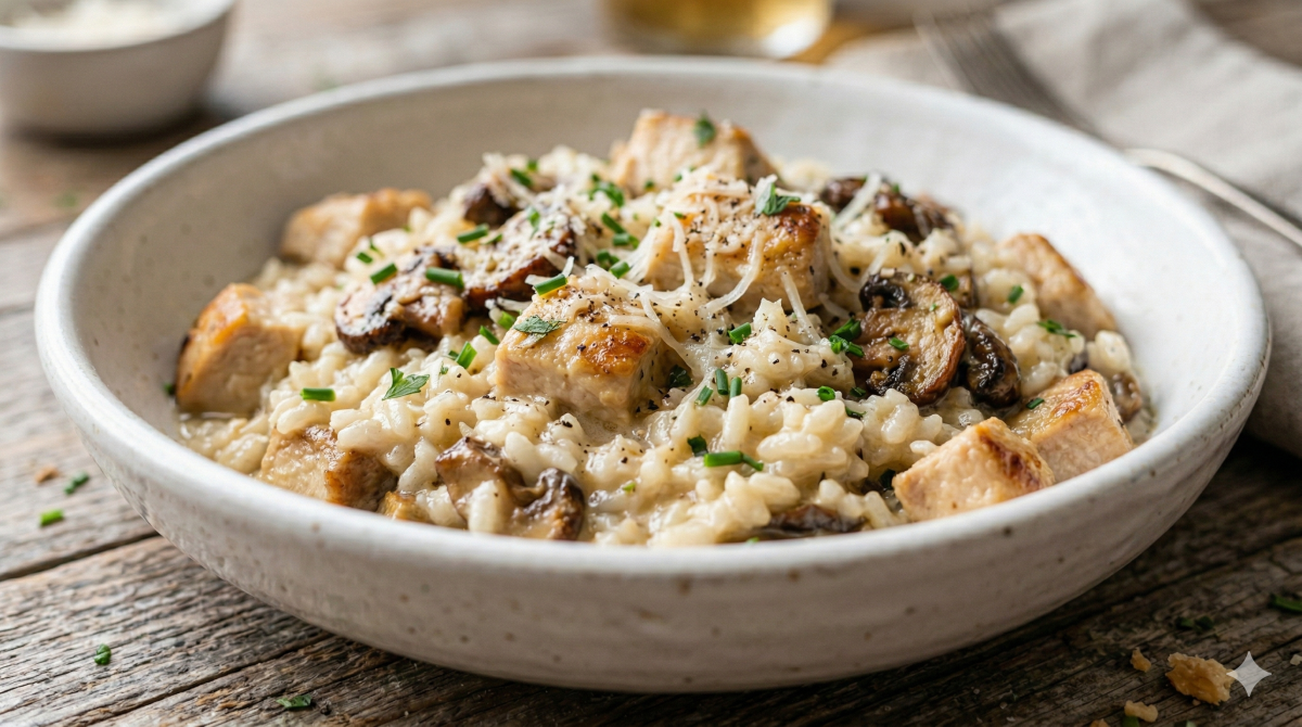 Un plan rapproché appétissant d'un bol en céramique tiqueté rempli de risotto onctueux au poulet doré et aux champignons de Paris rôtis. Le riz crémeux est généreusement garni de parmesan râpé, de ciboulette fraîche ciselée et de poivre noir moulu. Le bol est posé sur une table en bois rustique, avec une serviette en lin gris et une fourchette floues en arrière-plan.