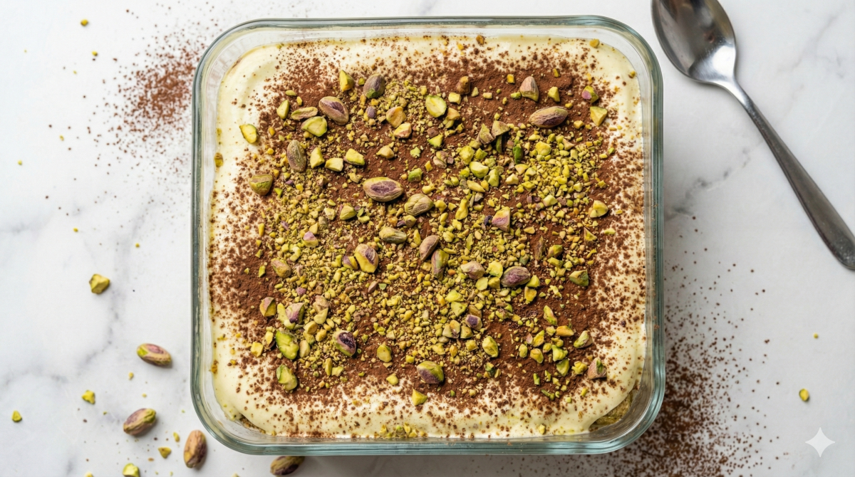 Vue aérienne en plan large d'un tiramisu à la pistache présenté dans un plat carré en verre transparent. La surface crémeuse est abondamment saupoudrée de cacao en poudre et d'une couche généreuse de pistaches vertes concassées et entières. Le plat repose sur une surface en marbre blanc parsemée de poudre de cacao et de pistaches éparses, avec une cuillère en métal posée dans le coin supérieur droit.