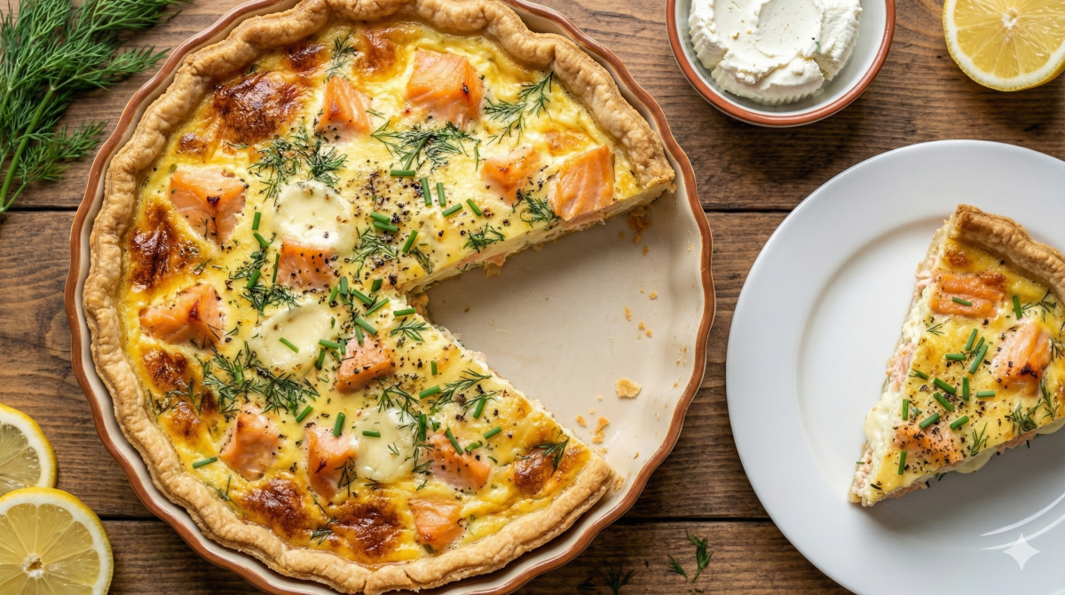 Vue aérienne d'une quiche dorée au saumon fumé et fromage Boursin dans un plat à tarte en céramique, dont une part a été servie dans une assiette blanche à côté. La surface est gratinée, parsemée de morceaux de saumon, d'aneth frais et de ciboulette. Des tranches de citron, des branches d'aneth et un bol de fromage frais entourent le plat sur une table en bois rustique.
