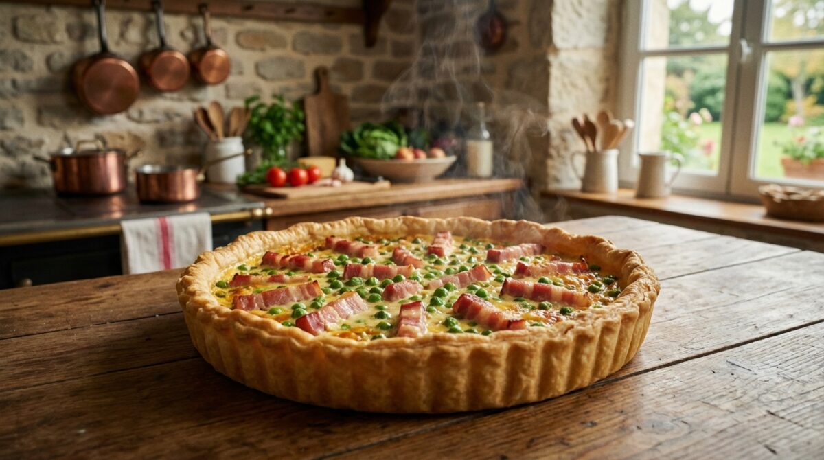 découvrez notre recette simple et conviviale de quiche aux lardons et petits pois, idéale pour un repas savoureux et facile à préparer.