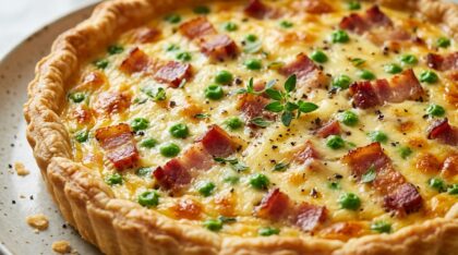 découvrez une recette simple et conviviale de quiche aux lardons et petits pois, parfaite pour un repas savoureux en famille ou entre amis.