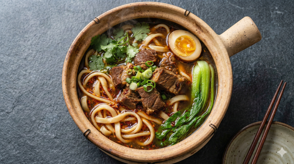 Vue aérienne d'une soupe de nouilles au bœuf fumante servie dans un caquelon rustique en terre cuite. Le bol contient des nouilles épaisses, de tendres morceaux de bœuf braisé, un demi-œuf mariné, du bok choy, de la coriandre fraîche et de la ciboule dans un bouillon riche et sombre agrémenté d'huile pimentée. Des baguettes et un petit bol reposent sur la table en pierre foncée à côté.
