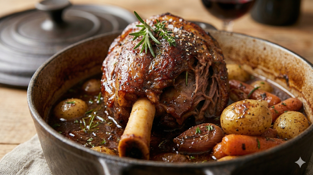 Vue rapprochée d'une souris d'agneau braisée et caramélisée dans une cocotte en fonte noire rustique. Le jarret est vertical avec l'os visible, garni de romarin frais, de gros sel et de poivre noir concassé. Il est entouré de légumes rôtis, dont des petites pommes de terre entières, des carottes et des échalotes, le tout dans une sauce de cuisson riche et sombre. La cocotte est posée sur une table en bois rustique, avec une serviette en lin gris sur la gauche. L'arrière-plan flou montre le couvercle de la cocotte et un verre de vin rouge. L'éclairage est naturel et chaleureux.