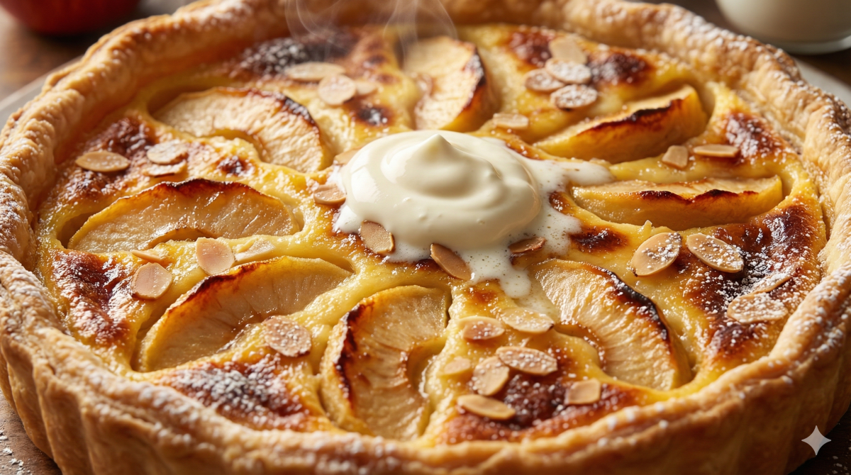 Gros plan sur une part de Tarte Normande fumante soulevée par une pelle. On distingue les morceaux de pommes, l'épaisse crème aux œufs, les amandes grillées et le sucre glace. De la crème fraîche fond et coule sur le côté de la tranche.