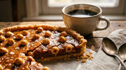 savourez un moment de douceur avec un café chaud accompagné d'une part de tarte aux pralines, pour un instant de plaisir parfait et gourmand.