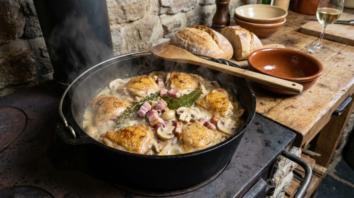 découvrez un coq au vin blanc au lard fumé mijoté lentement, révélant une sauce au goût riche et incomparable, parfaite pour un repas convivial et savoureux.