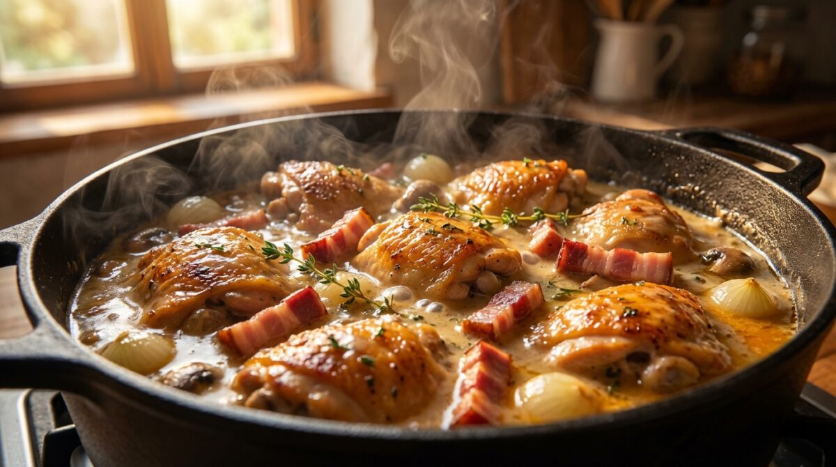 découvrez un coq au vin blanc au lard fumé mijoté lentement, révélant une sauce riche et savoureuse, parfaite pour un repas gourmand et réconfortant.