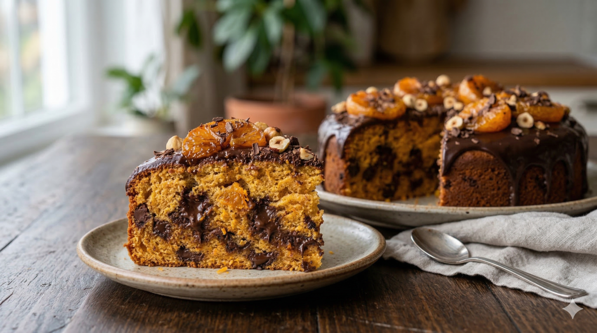 Une photo en gros plan d'une tranche épaisse de gâteau à la clémentine confite et aux morceaux de chocolat fondant sur une assiette en céramique mouchetée. La tranche de gâteau à la mie jaune orangé brillant avec des morceaux de chocolat visibles est garnie d'un glaçage au chocolat brillant, de tranches de clémentine caramélisées et de noisettes grillées hachées. À l'arrière-plan, le gâteau entier, dont il manque une tranche, repose sur un grand plat, généreusement décoré de clémentines confites et de noisettes, sur une table en bois rustique avec une cuillère en argent et une serviette en lin, près d'une fenêtre éclairée.