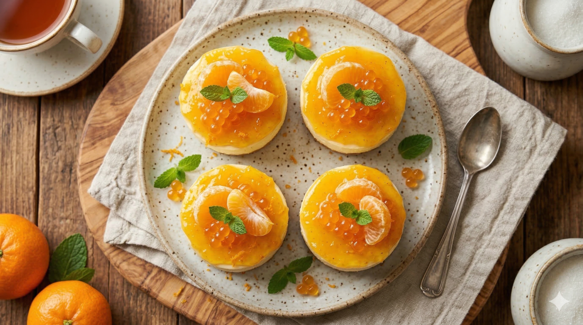 Une vue de dessus (flat lay) détaillée d'un plat en céramique mouchetée contenant quatre mini-cheesecakes ronds et individuels. Chaque cheesecake, nappé d'une gelée d'orange brillante et vibrante, est garni d'un segment de mandarine fraîche, de perles de gelée d'orange (ressemblant à du caviar) et d'un brin de menthe. L'assiette, parsemée de zeste d'orange, est placée sur une planche en bois ronde et une table en bois rustique. Les éléments environnants comprennent une tasse de thé en céramique mouchetée remplie de thé de couleur ambrée et deux mandarines entières avec des brins de menthe à gauche, et une cuillère à dessert vintage sur une serviette en lin gris clair à côté d'un sucrier en céramique assorti à droite. L'éclairage est naturel et doux.